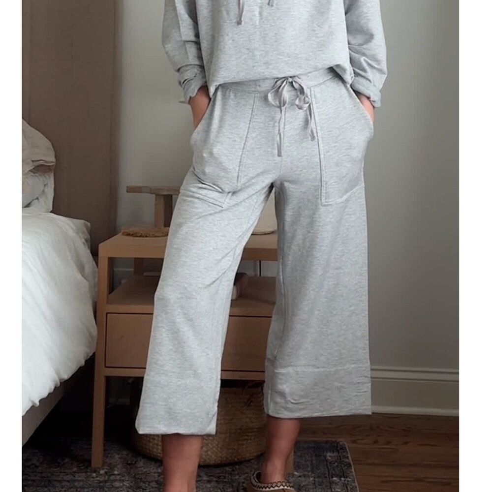 Quince, SuperSoft Fleece Cropped Wide Leg Pants, L Heather Gray Cozy Loungewear